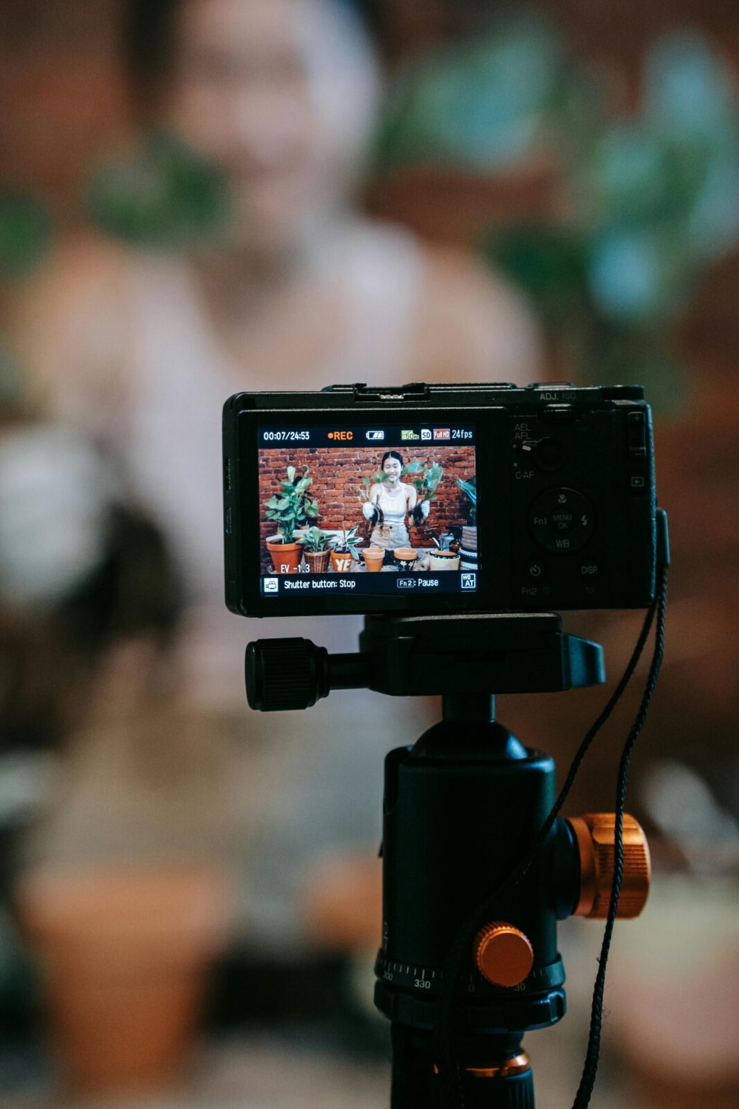 Vlogger recording a plant care tutorial with camera setup and potted plants.